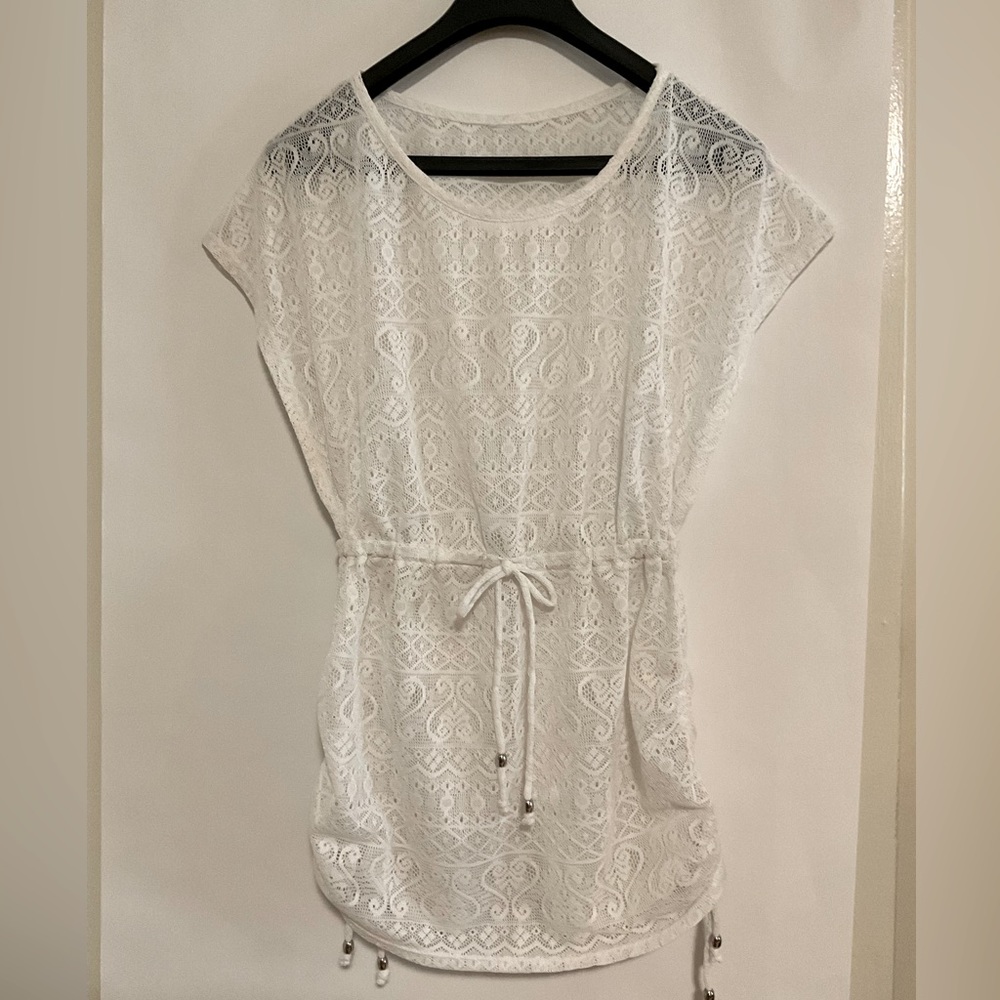 Women’s White Stretch Lacy Swim Coverup, Size Small